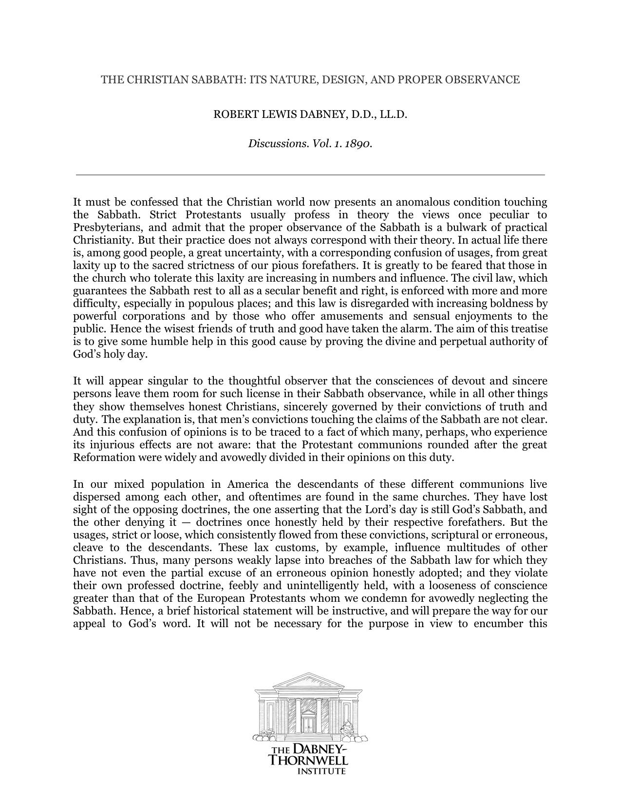 THE CHRISTIAN SABBATH: ITS NATURE, DESIGN, AND PROPER OBSERVANCE