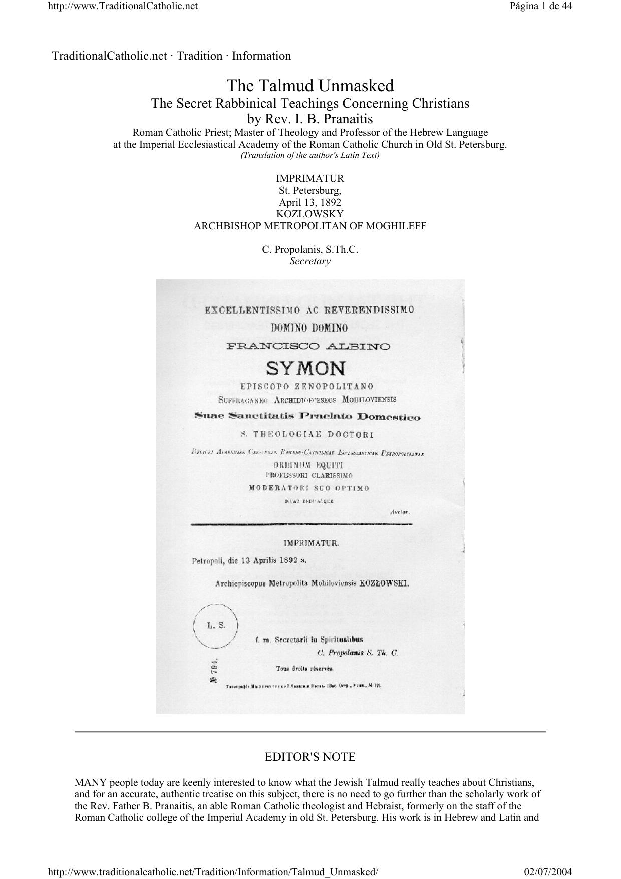 The Talmud Unmasked - The Secret Rabbinical Techings Concerning Christians